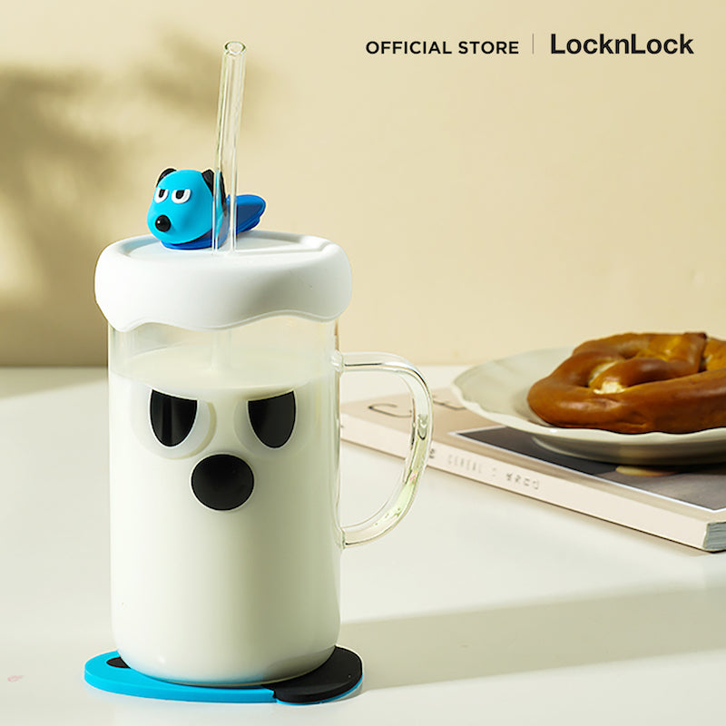 LocknLock แก้วน้ำลายการ์ตูนสุดน่ารัก CAFE GLASS BOTTLE ความจุ 600 ml. - LLG975